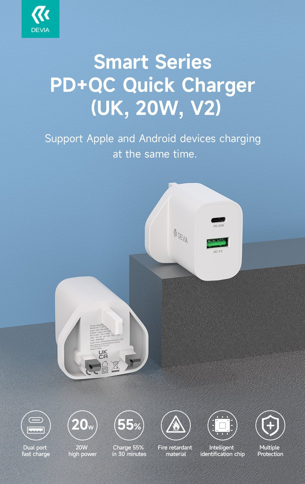Devia - 20W Dual Type C Power Delivery & Qualcomm 3 - Pin UK Charging Plug - White - Tech Access Unclassified