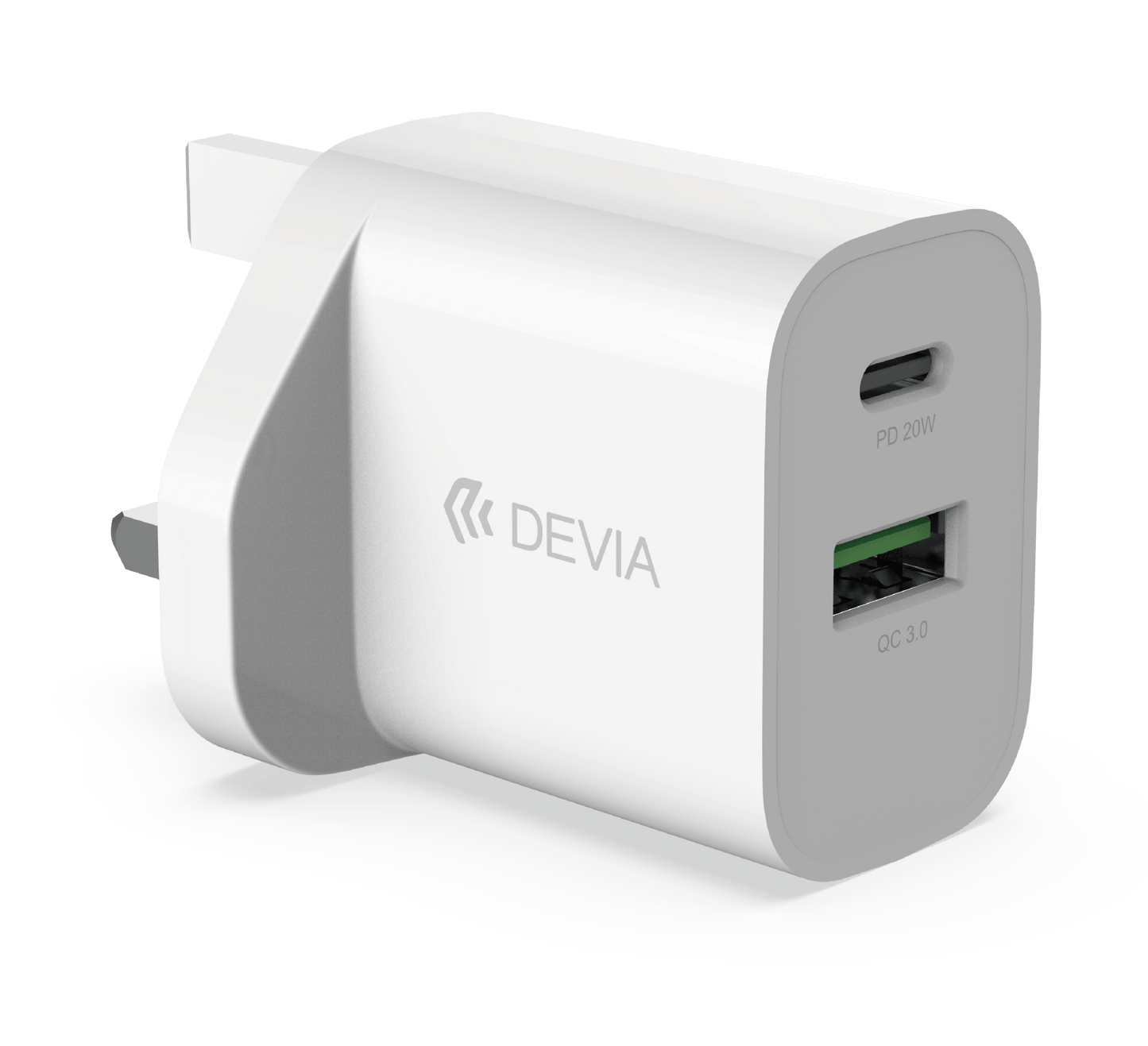 Devia - 20W Dual Type C Power Delivery & Qualcomm 3 - Pin UK Charging Plug - White - Tech Access Unclassified