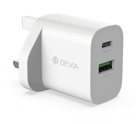 Devia - 20W Dual Type C Power Delivery & Qualcomm 3 - Pin UK Charging Plug - White - Tech Access Unclassified
