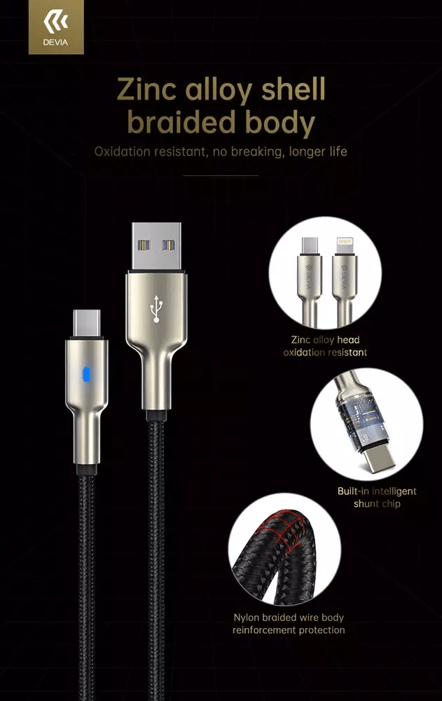 Devia - 20x Power Delivery Zinc Alloy Braided Cables Set - 1m - 5x Type C to Non - MFI Lightning, 10x Type C, & 5x USB to Non - MFI Lightning Cables - Black - Tech Access Unclassified