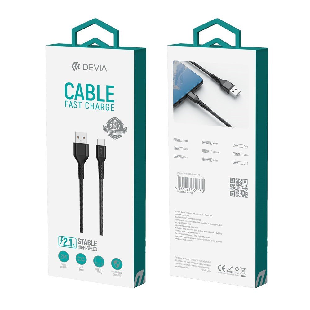 Devia - 2m (2.1A) Mesh Armour USB to Type C Cable - Black - Tech Access Unclassified