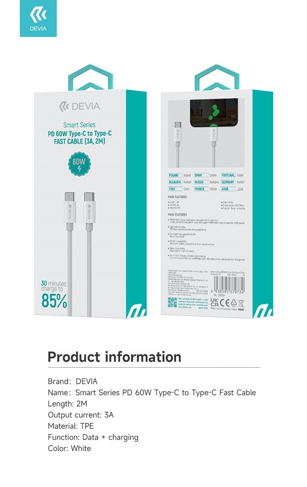 Devia - 2m (60W) Power Delivery - Type C to Type C Cable - White - Tech Access Unclassified