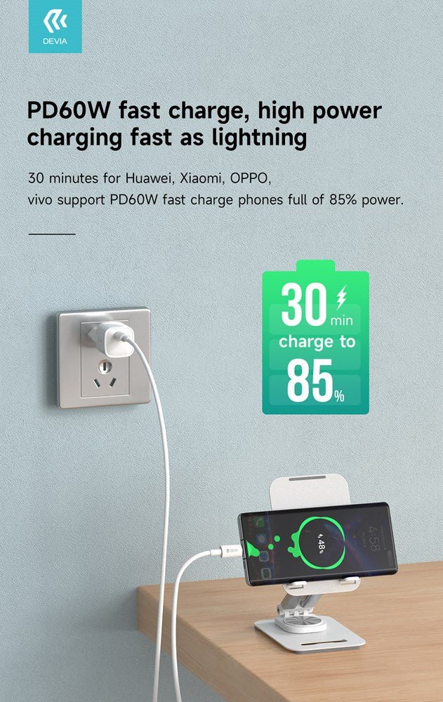 Devia - 2m (60W) Power Delivery - Type C to Type C Cable - White - Tech Access Unclassified