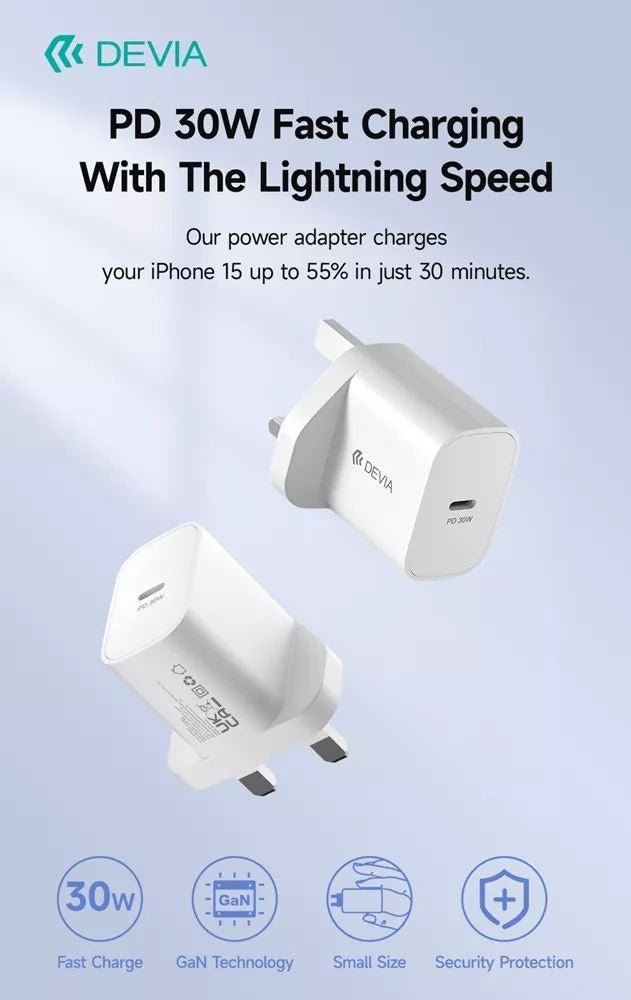 Devia - 30W GaN USB - C Power Delivery 3 - Pin UK Charging Plug - White - Tech Access Unclassified