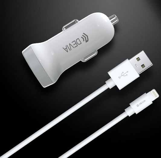 Devia - 3.1A Dual USB Port Car Adapter & 1m Non - MFI Lightning Cable - White - Tech Access Unclassified