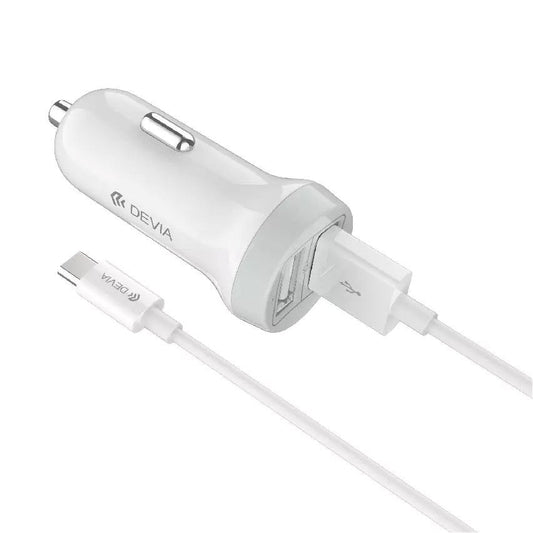 Devia - 3.1A Dual USB Port Car Adapter & 1m Type C Cable - White - Tech Access Unclassified