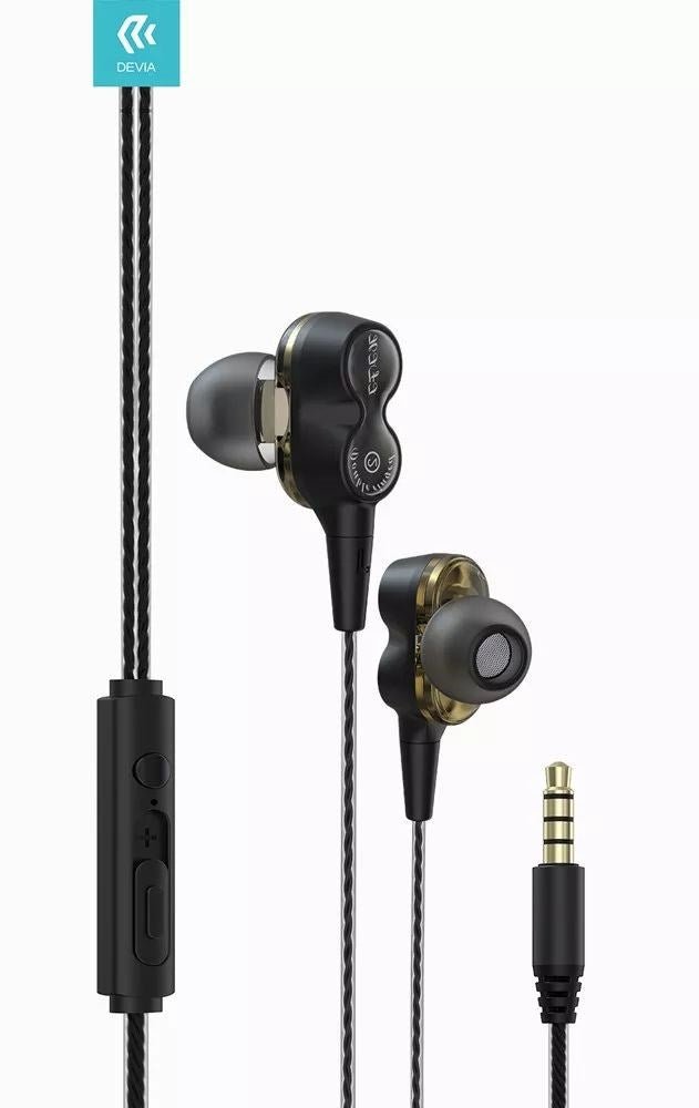 Devia - 3.5mm Dual Metal Speaker Earphones with Microphone & Volume Control - Black - Tech Access Unclassified