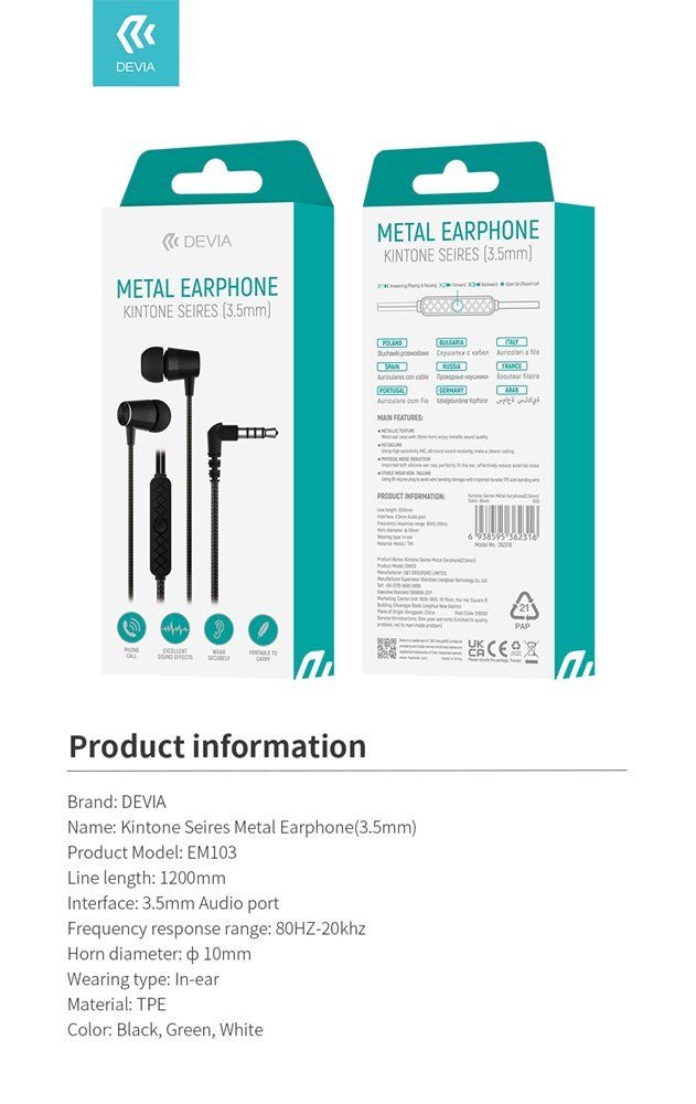 Devia - 3.5mm Kintone Metal Earphones with Microphone & Volume Control - White - Tech Access Unclassified