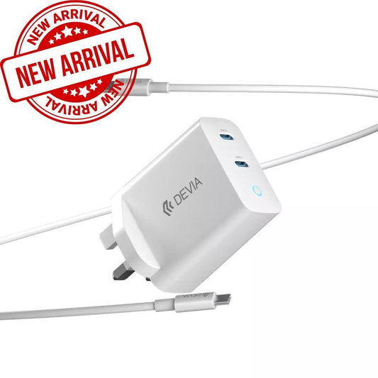 Devia - 45W GaN Dual Type C 3 - Pin UK Charging Plug & 1.5m Type C to Type C Cable - White - Tech Access Unclassified