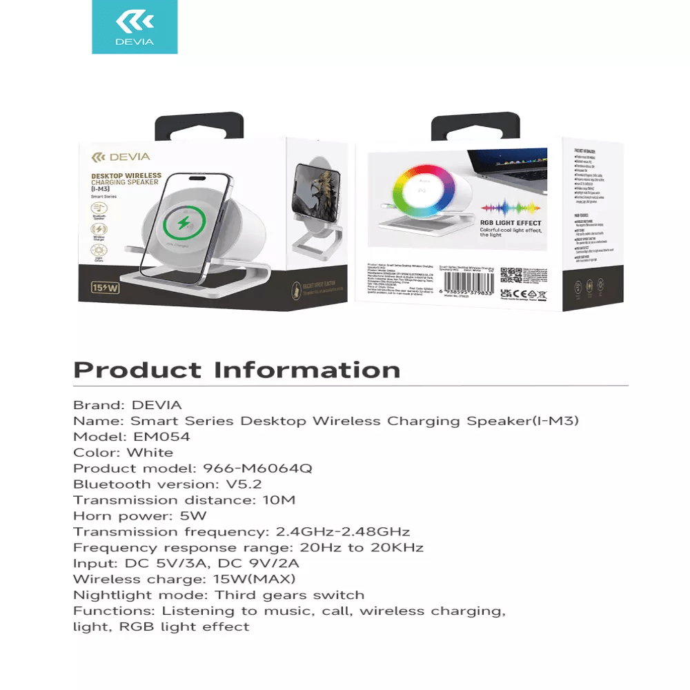 Devia - 5W Desktop Wireless Charging Speaker & Night Lamp - White - Tech Access Bluetooth Speakers