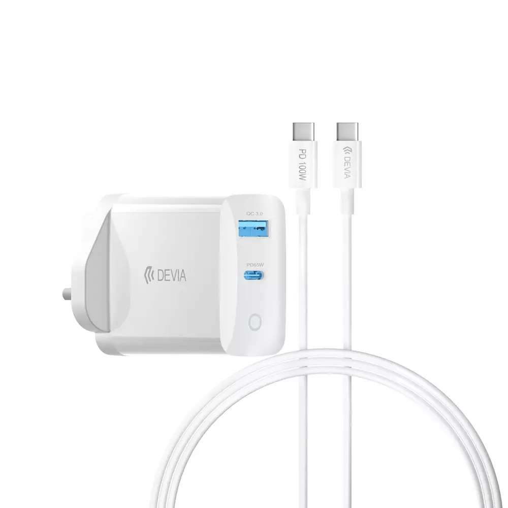 Devia - 65W GaN Type C PD & QC4.0 3 - Pin UK Mini Charging Plug & 1.5m 100W Type C to Type C Cable - White - Tech Access Unclassified