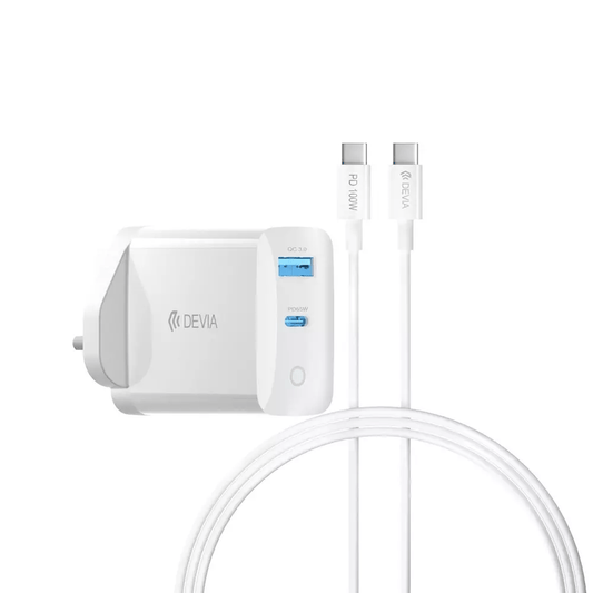 Devia - 65W GaN Type C PD & QC4.0 3 - Pin UK Mini Charging Plug & 1.5m 100W Type C to Type C Cable - White - Tech Access Unclassified
