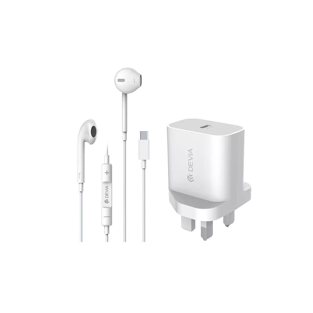 Devia - Bundle Pack - 20W USB - C 3 - Pin UK Plug & USB - C Earphones - White - Tech Access Unclassified