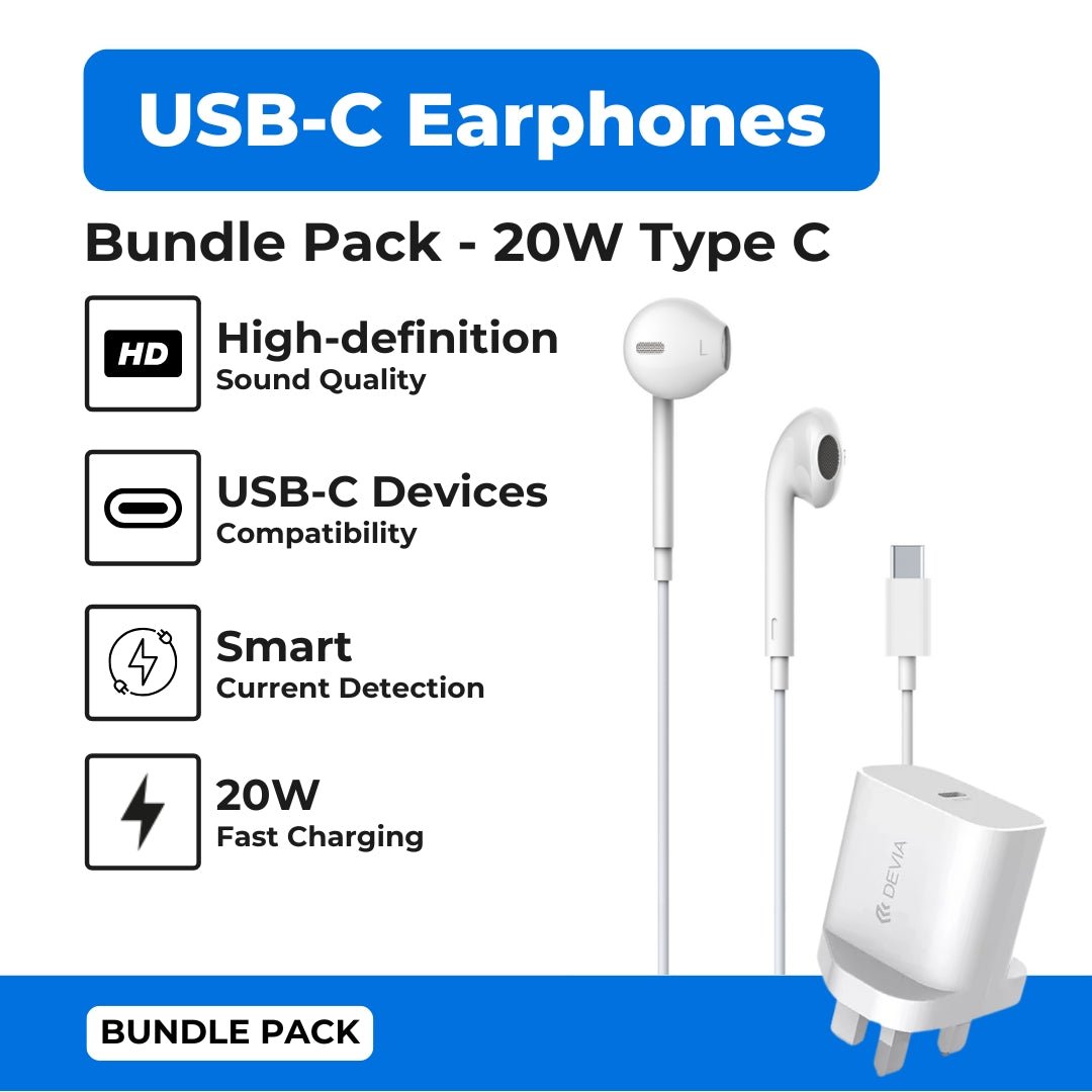 Devia - Bundle Pack - 20W USB - C 3 - Pin UK Plug & USB - C Earphones - White - Tech Access Unclassified