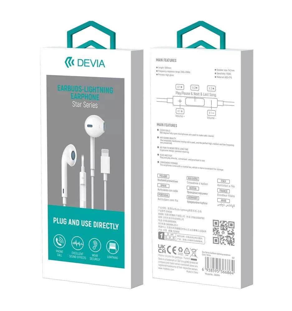 Devia - Lightning Earphones with Microphone & Volume Control - White - Tech Access Unclassified