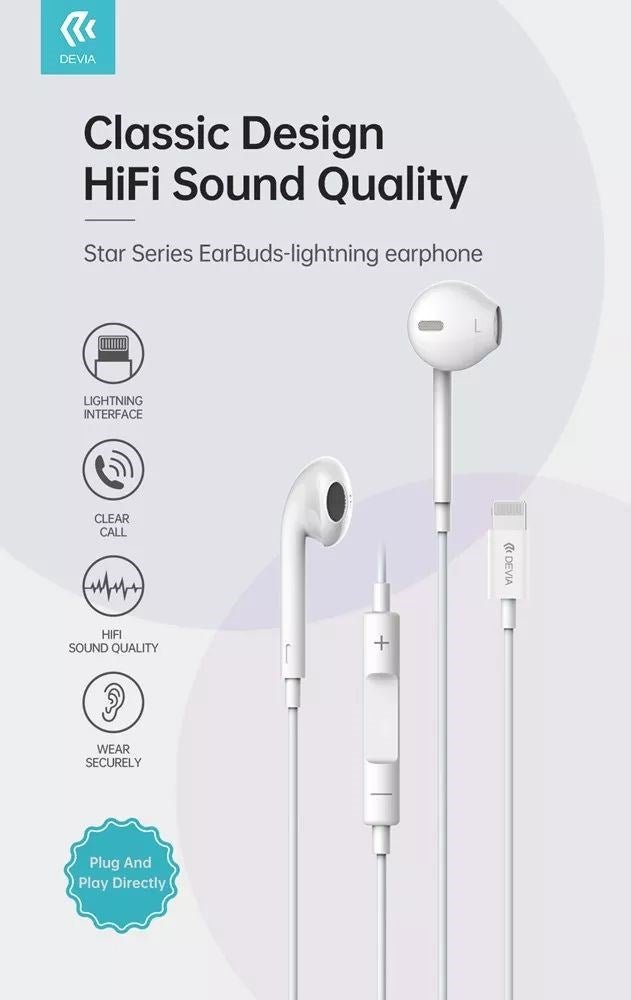 Devia - Lightning Earphones with Microphone & Volume Control - White - Tech Access Unclassified