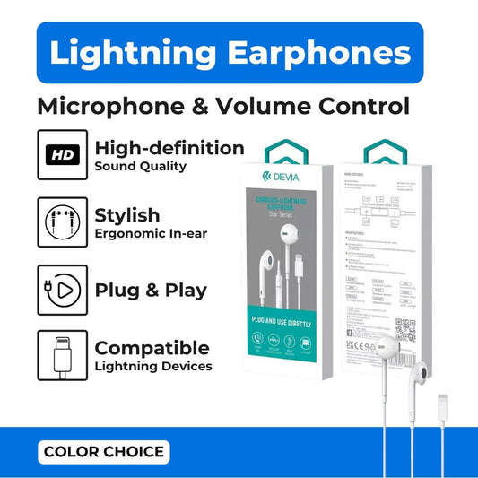Devia - Lightning Earphones with Microphone & Volume Control - White - Tech Access Unclassified