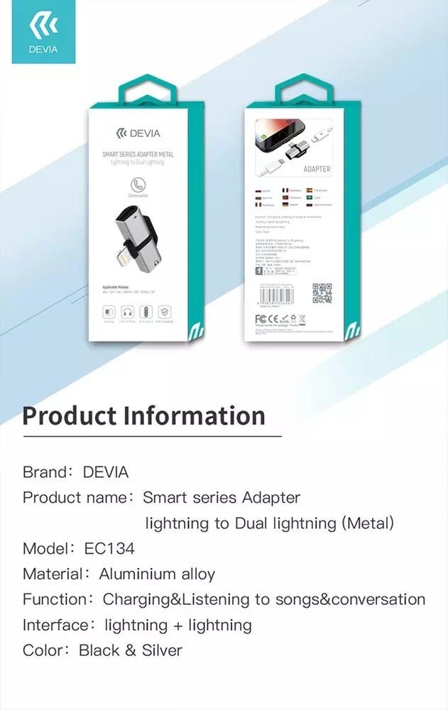 Devia - Metal Non - MFI Lightning to Dual Lightning Adapter - Silver - Tech Access Unclassified