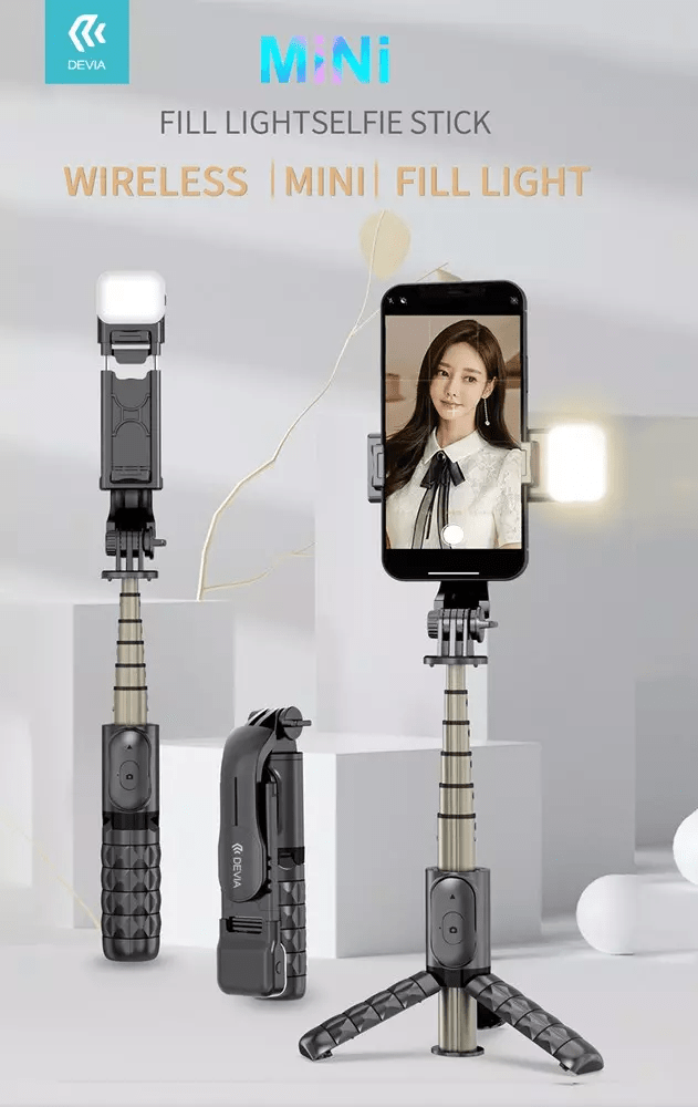 Devia - Multi Function Portable Bluetooth Selfie Stick, Tripod & Light Bar - Black - Tech Access Unclassified