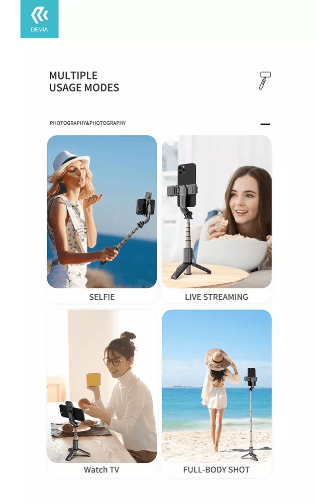 Devia - Multi Function Portable Bluetooth Selfie Stick, Tripod & Light Bar - Black - Tech Access Unclassified