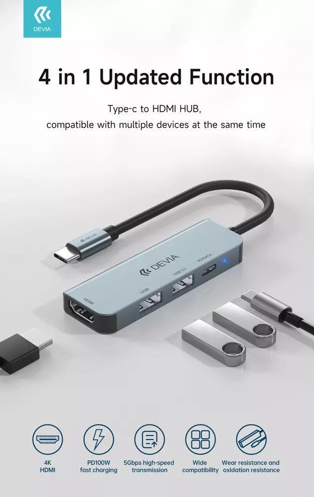 Devia - USB - C 4in1 Hub - PD, HDMI, & USB - Grey - Tech Access Unclassified