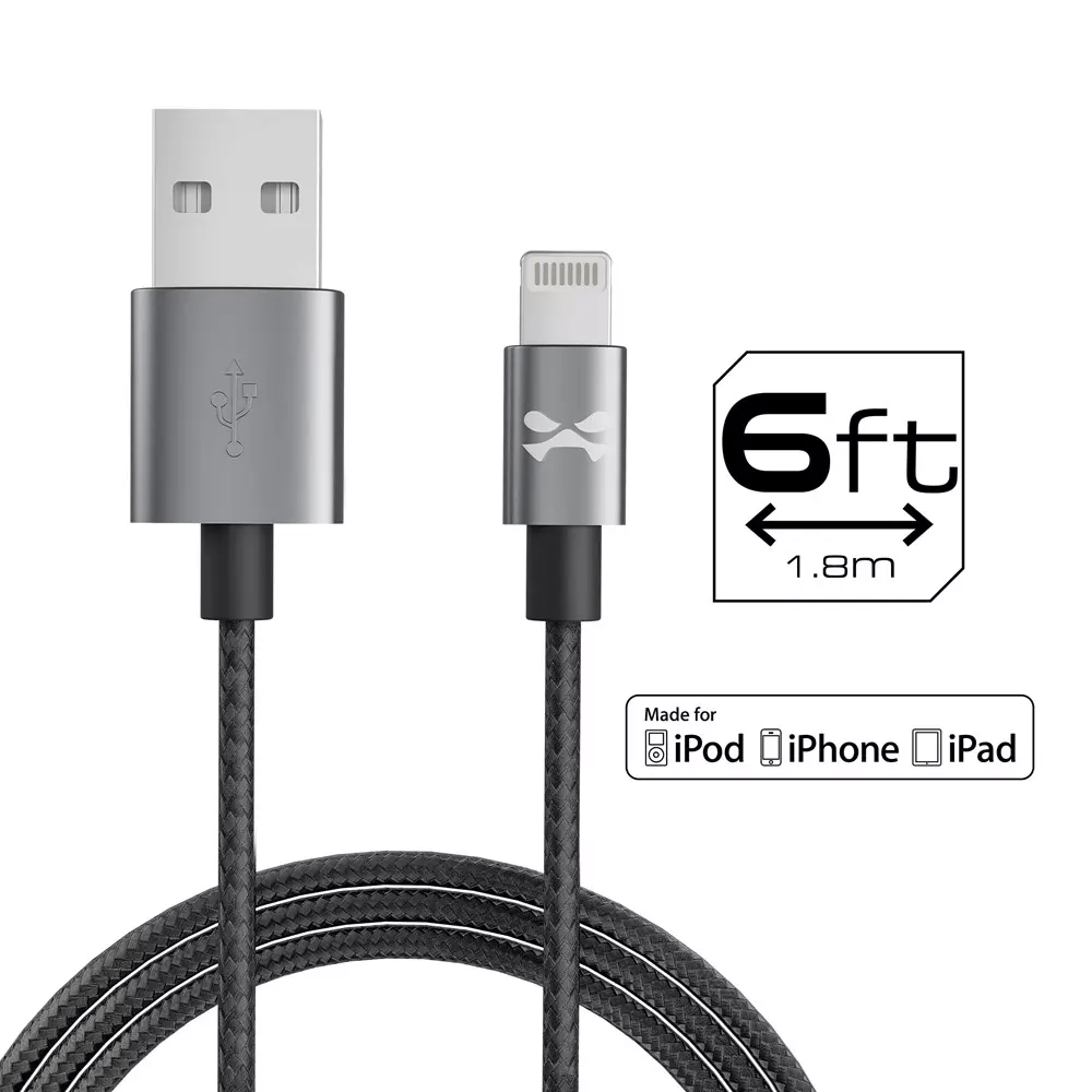 Ghostek - 1.8m 6ft (2.4A) USB to MFI Lightning Braided Cable - Black - Tech Access Unclassified
