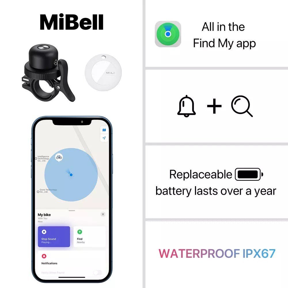 MiLi - MiBell MFI (Apple Approved) Find My Item Finder & Bicycle E - Scooter Bell - Black - Tech Access Unclassified