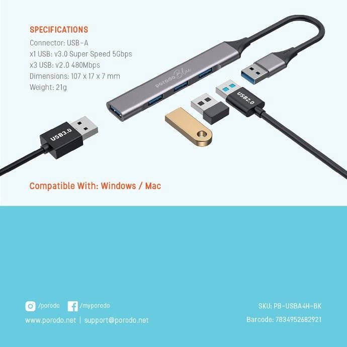 Porodo Blue 4 in1 USB - A Hub to 1 x USB - A 3.0 5Gbps and 3 x USB - A 2.0 480Mbps -  Black - Tech Access Unclassified