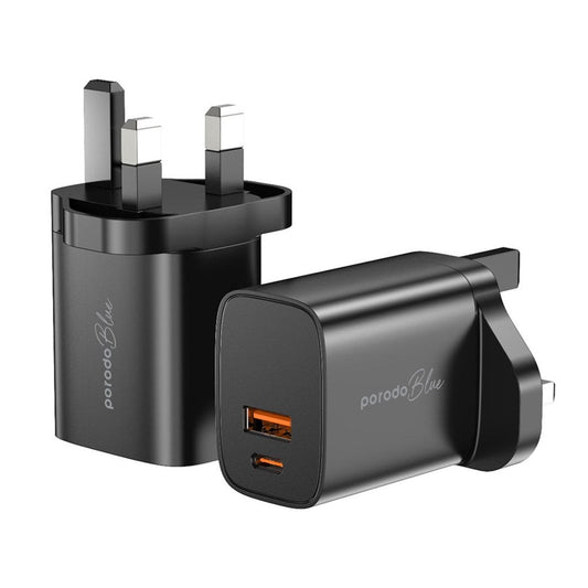 Porodo Blue Dual Port Wall Charger PD 20W + QC 3.0 UK - Black - Tech Access Unclassified