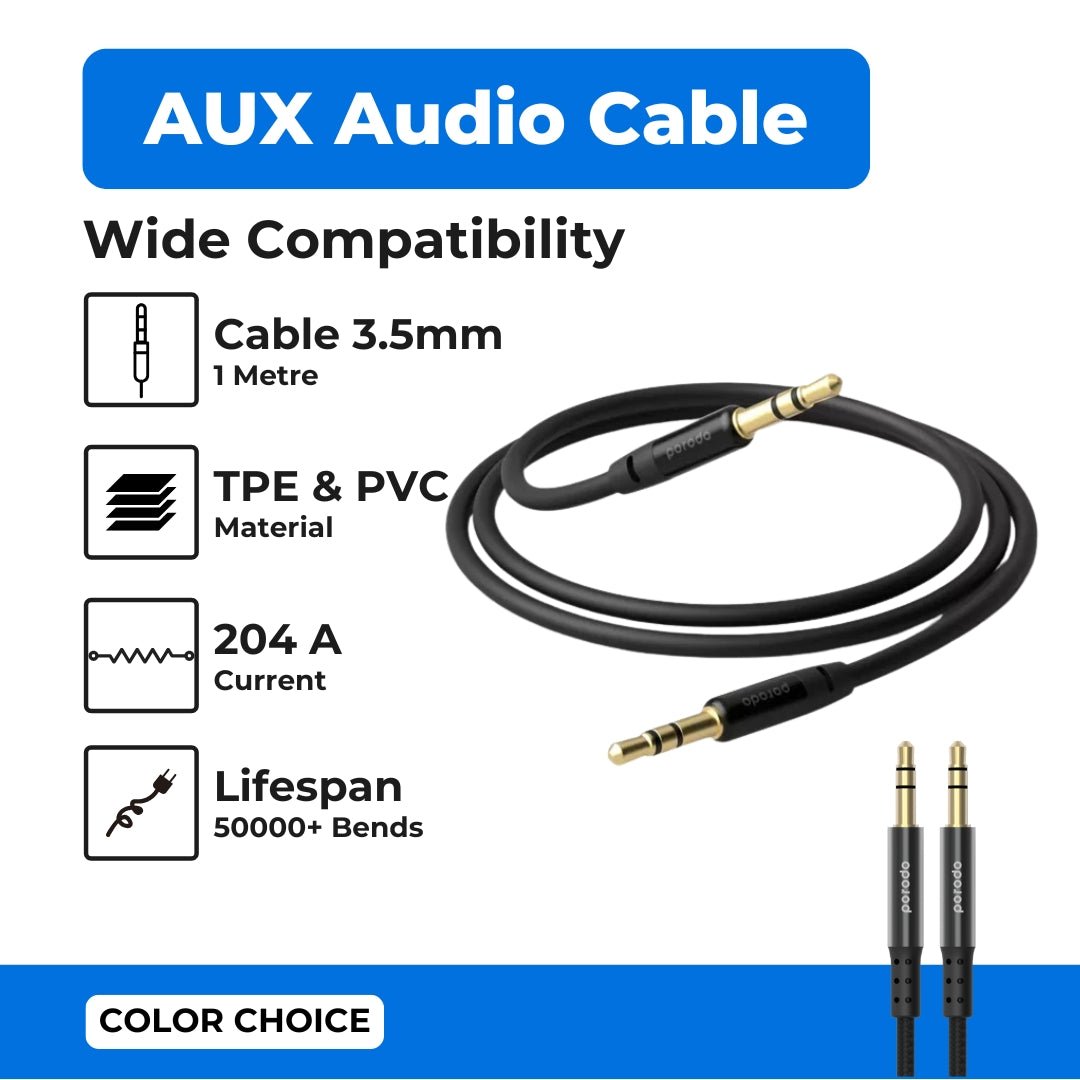 Porodo Blue PVC AUX Audio Cable 3.5mm 1M - Black - Tech Access Unclassified