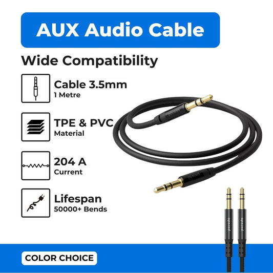 Porodo Blue PVC AUX Audio Cable 3.5mm 1M - Black - Tech Access Unclassified