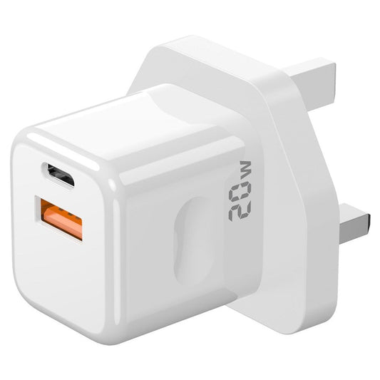 Porodo Blue Wall Charger 1*PD Type - C and 1* QC Type - A UK PD 20W  -  White - Tech Access Unclassified