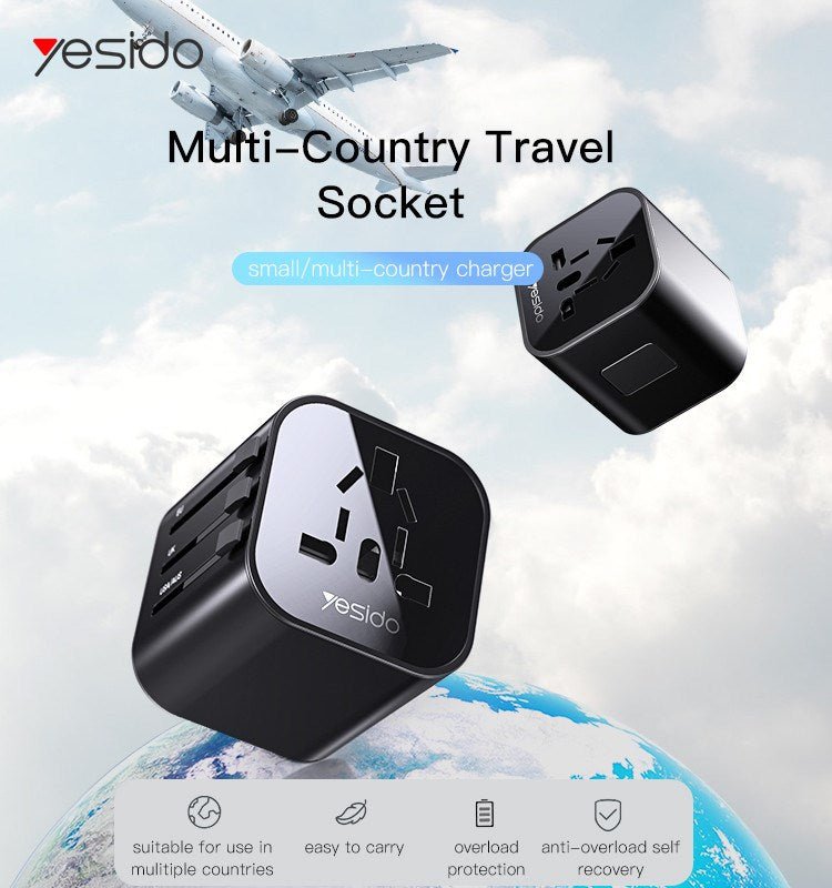 Yesido - Wall Charger (MC09) - for Travel, EU, UK, US, AUS, 3.4A - Black - Tech Access Unclassified